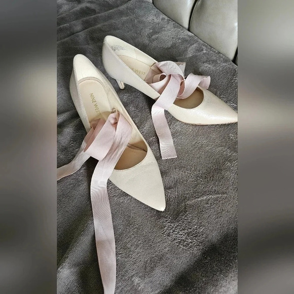 Nine West Shoes - Nine West Arlene Pump  Heels Ribbon Leather Ivory Nude Size 8.5